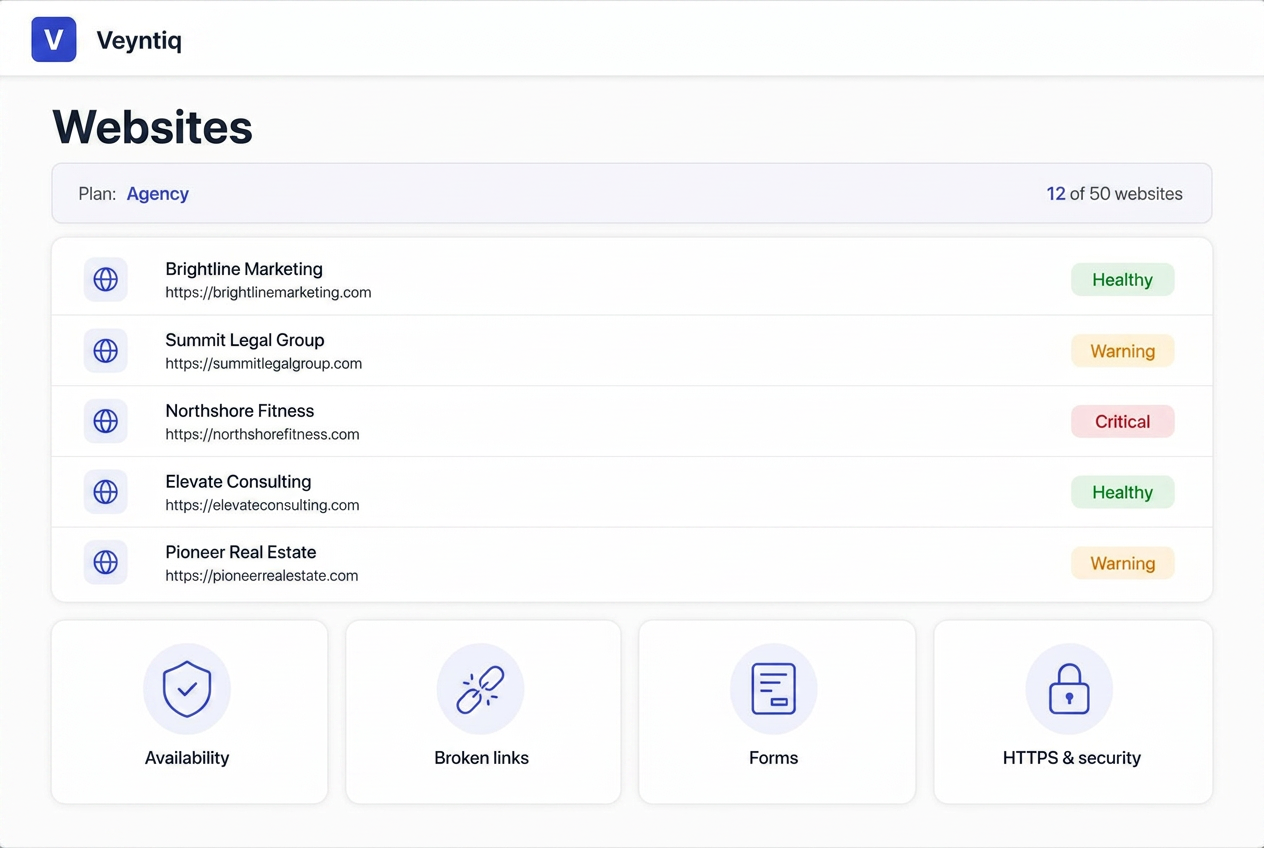 Veyntiq dashboard listing client websites with Healthy, Warning and Critical status badges, plus availability, broken links, forms and HTTPS security checks.